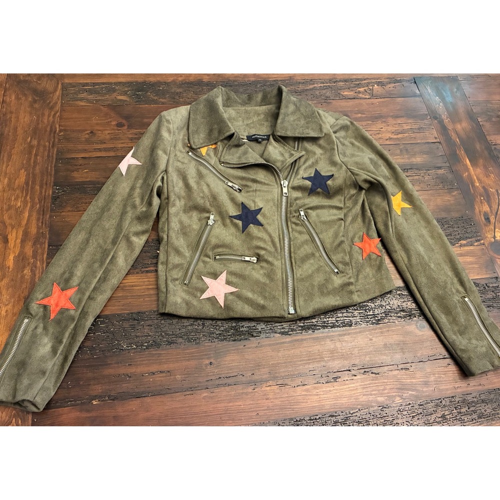 Olivaceous Faux Suede Jacket Star Zipper Details Notch Lapels Women's Small Moto